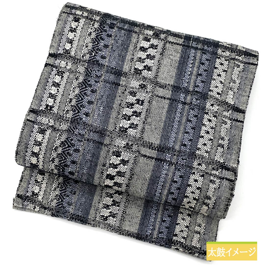 名古屋帯 チェック模様 紬地 帯丈358cm 正絹 Sランク 六通 カジュアル モノトーン 1124007282327 開き仕立て