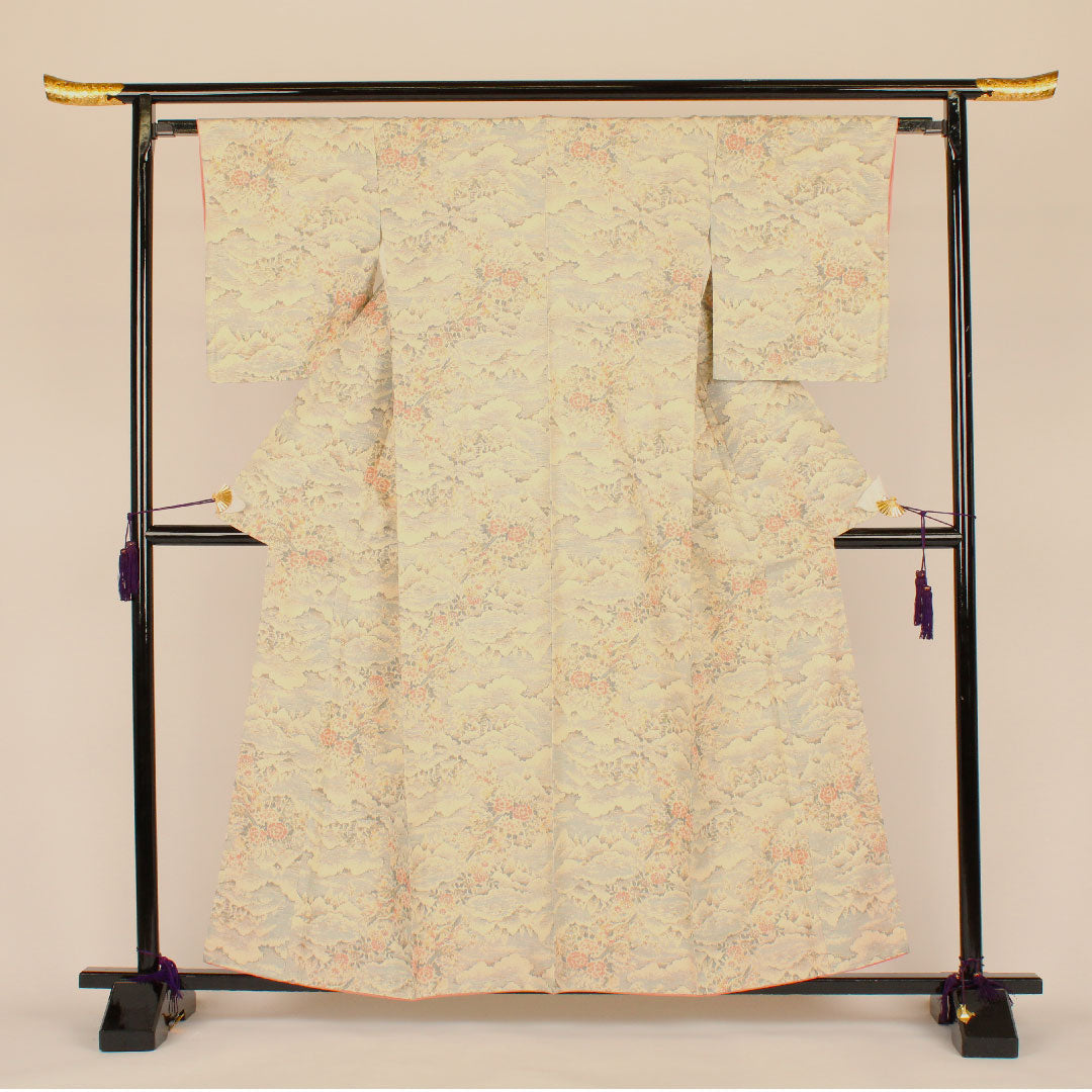 紬 身丈160cm 裄丈63cm あかね大島 風景画 正絹 Aランク 袷 クリーム系 1116000393315