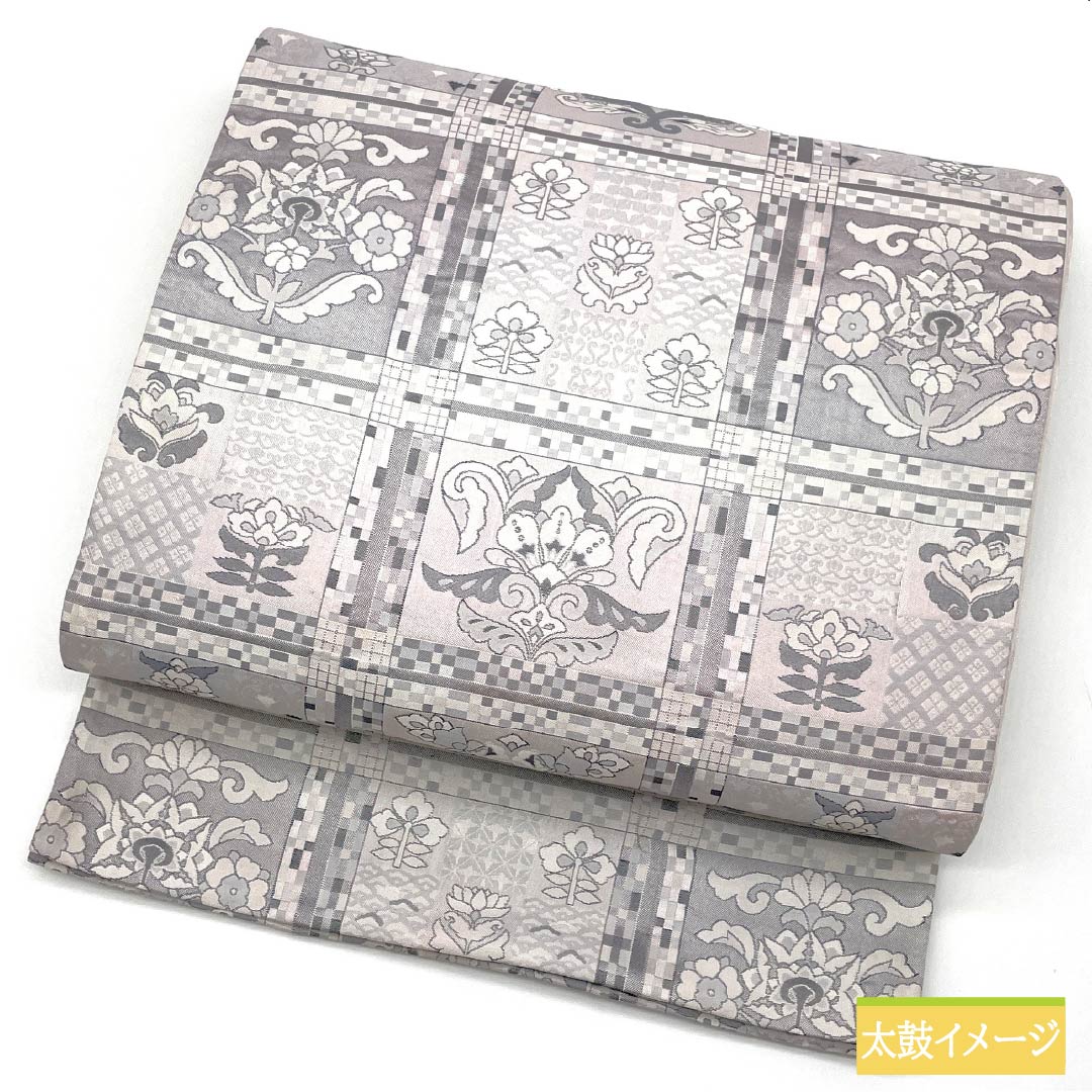 袋帯 正絹 水銀色(すいぎんいろ) 更紗模様 帯丈424cm Sランク 六通 カジュアル グレー系 1123012842322