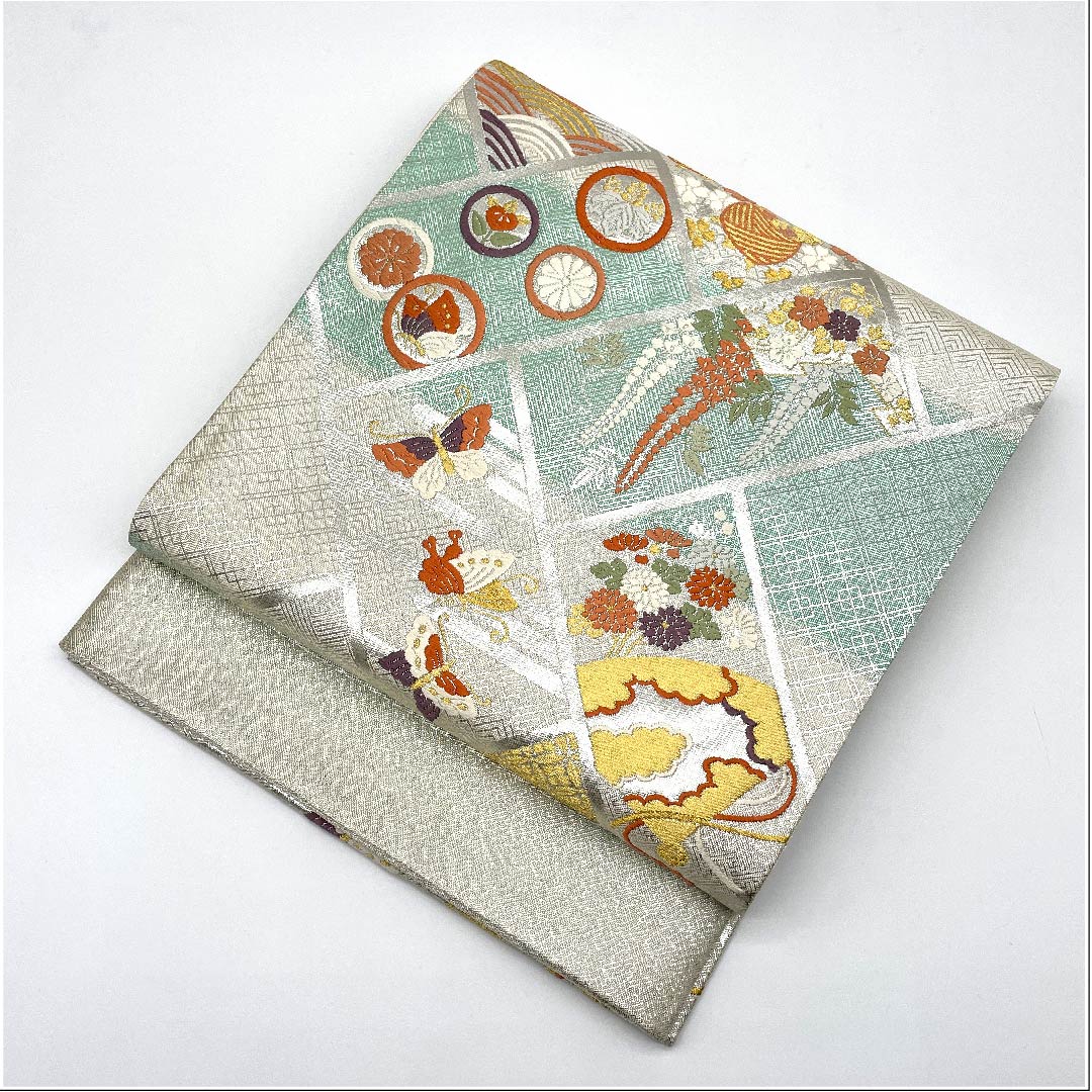 (未仕立)袋帯 銀色 扇面 青海波 花模様 帯丈439cm 正絹 Sランク 六通 フォーマル 銀系 1123005952322