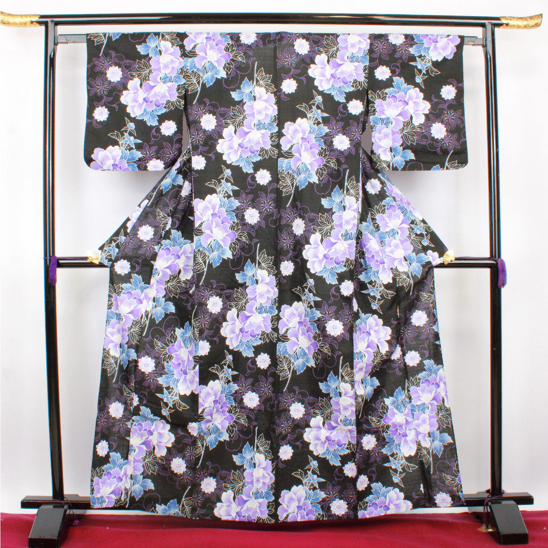 浴衣 草花模様 木綿 Sランク 単衣 身丈163cm 裄丈63cm 黒系 1118001102410