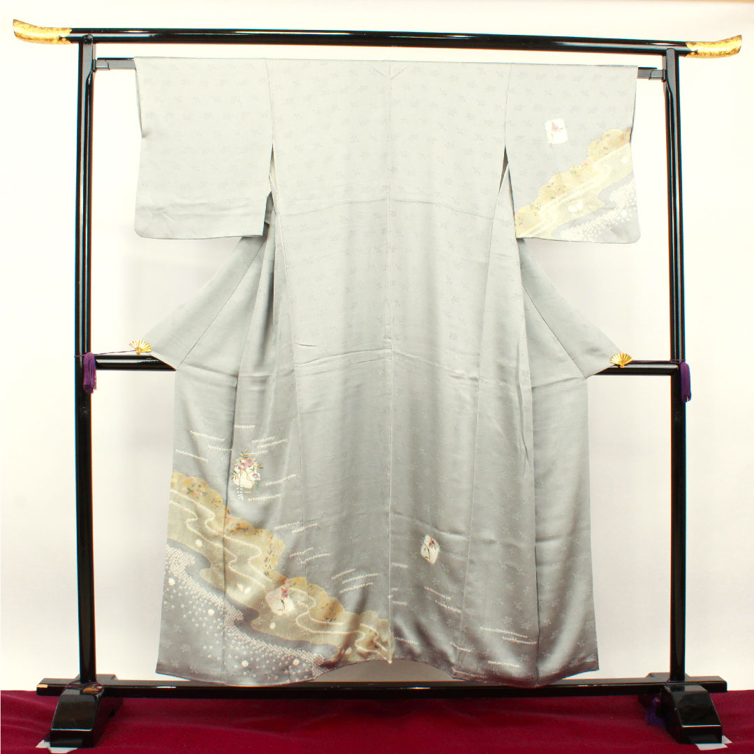 訪問着 正絹 袷 身丈152.5cm 裄丈62.5cm 白銅色 京友禅 絞り 刺繡 Aランク グレー系 1112003033222