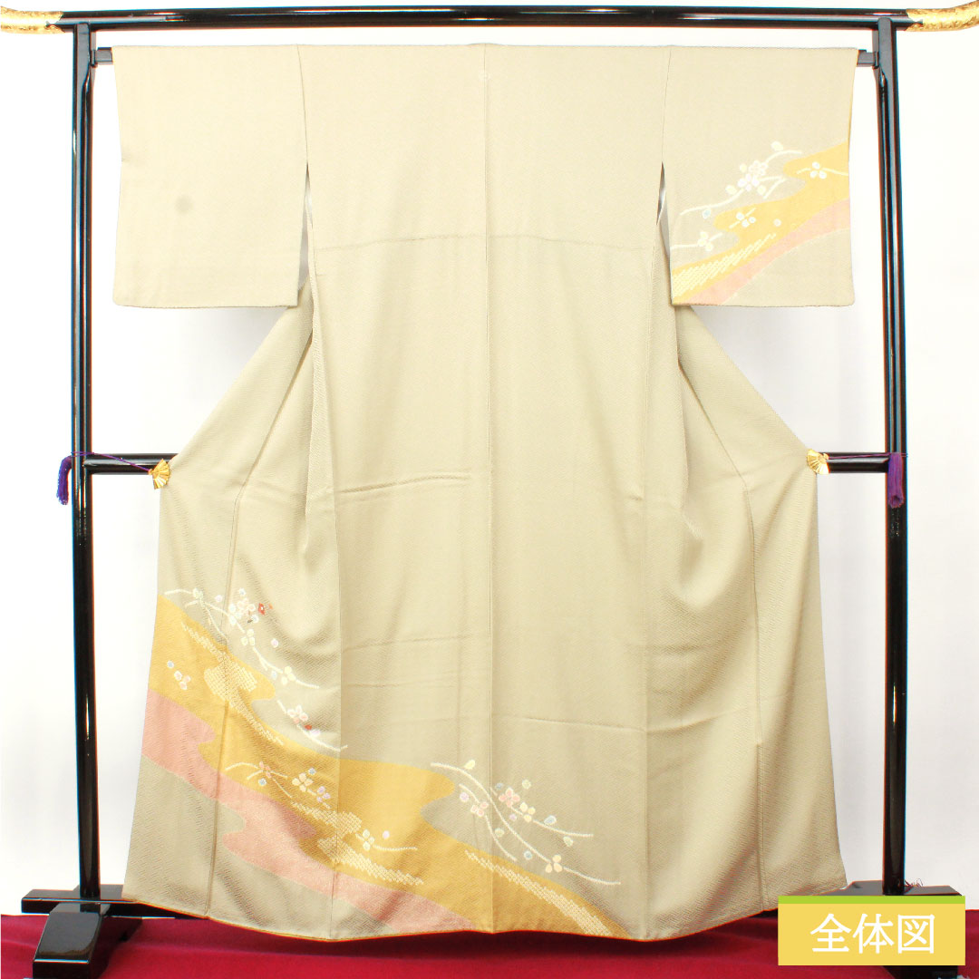 訪問着 正絹 袷 身丈163cm 裄丈67.5cm 蠟色(ろういろ) 絞り 抽象模様 一つ紋 剣片喰 縫い紋 Sランク ベージュ系 1112004492425