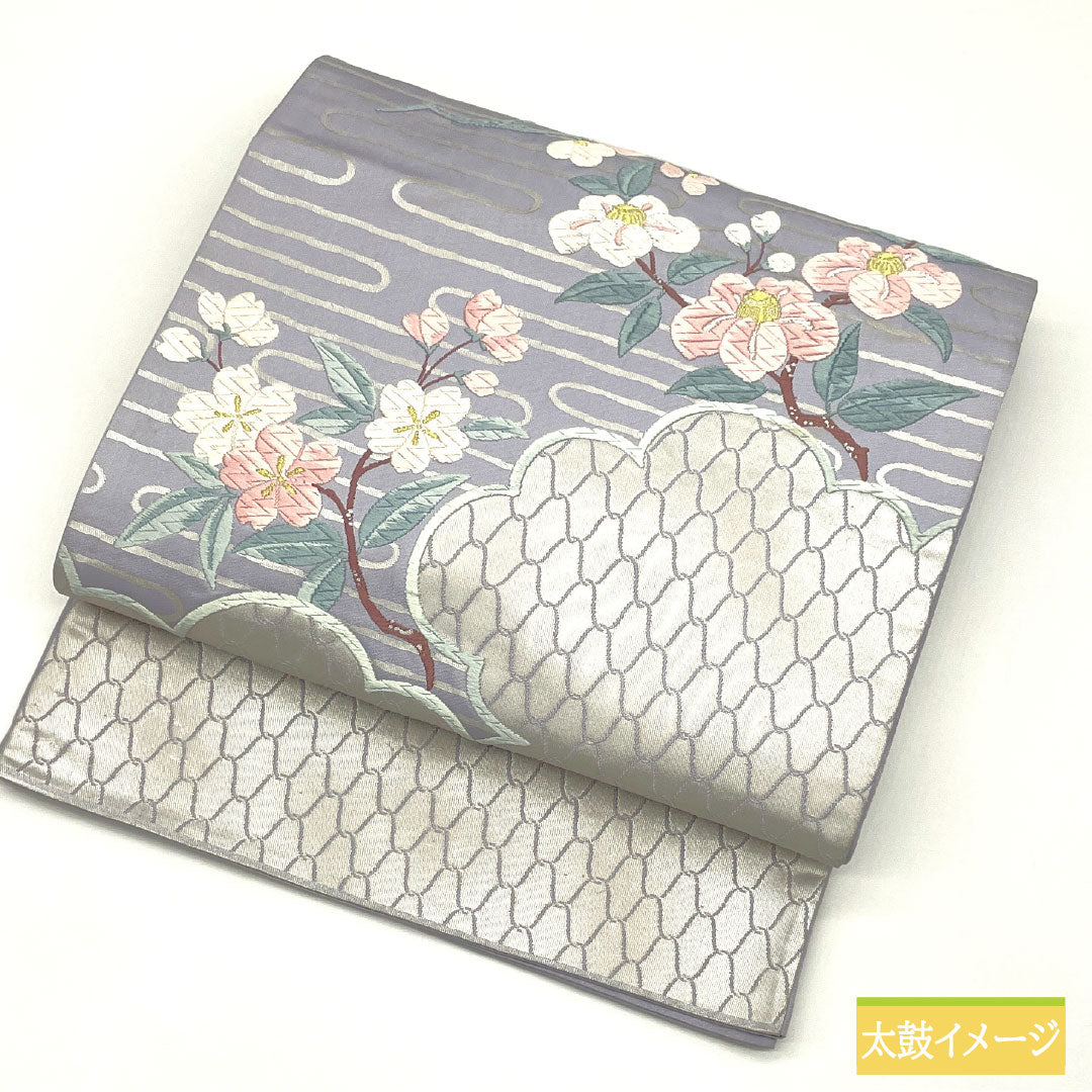 袋帯 正絹 Aランク 白藤色(しらふじいろ) 唐織 桜 梅 帯丈424cm ポイント柄 フォーマル 紫系 1123016073320