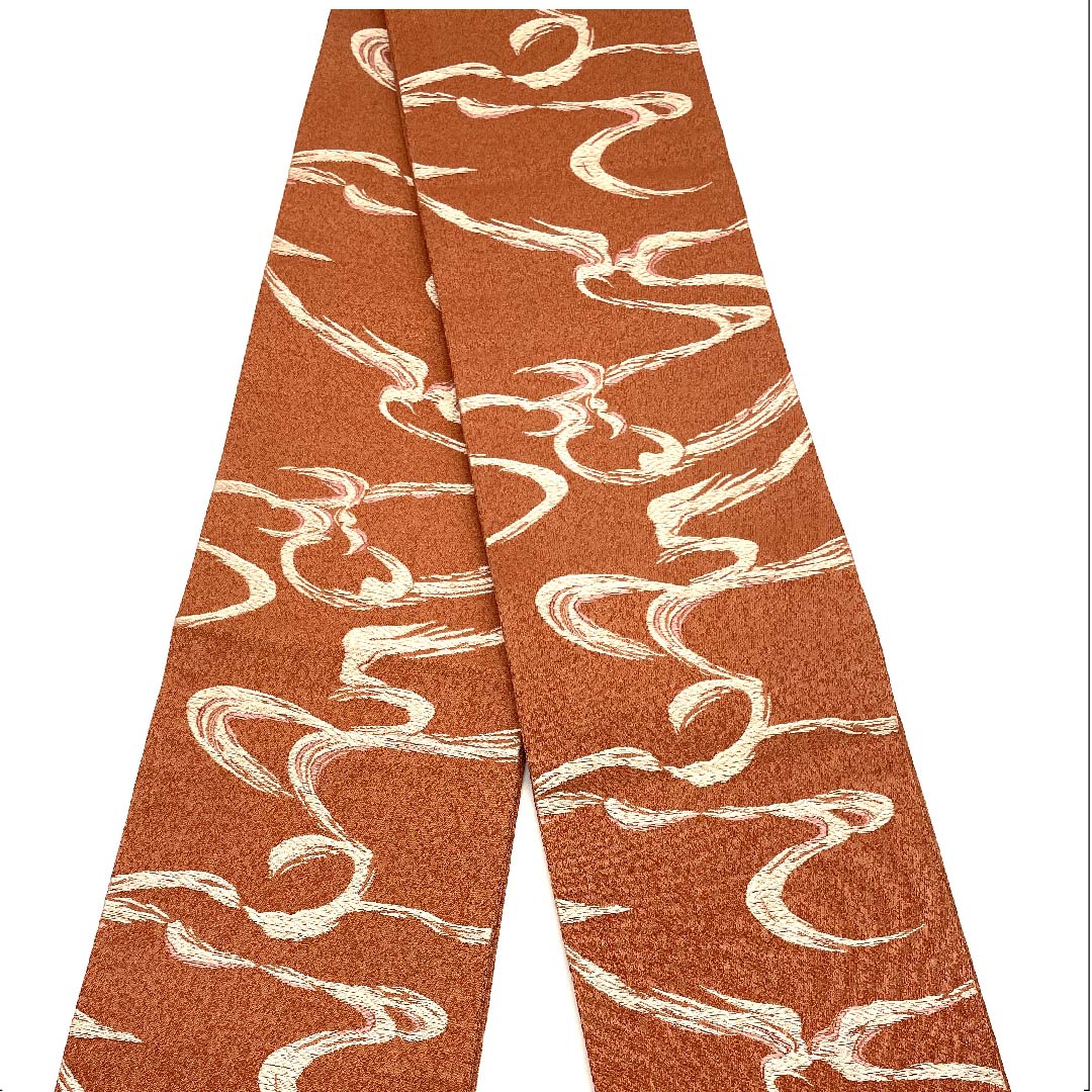 (未仕立)半幅帯 ポリエステル 錆色(さびいろ) 紐柄 古典柄 長尺 帯丈410cm 茶系 Sランク 1125001112414