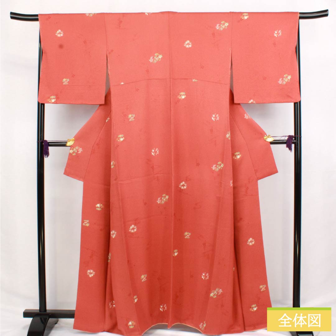 小紋 正絹 身丈163.5cm 裄丈66.5cm 袷 紅唐色(べにとういろ) 型染 花輪 Sランク 朱系 1115006072416