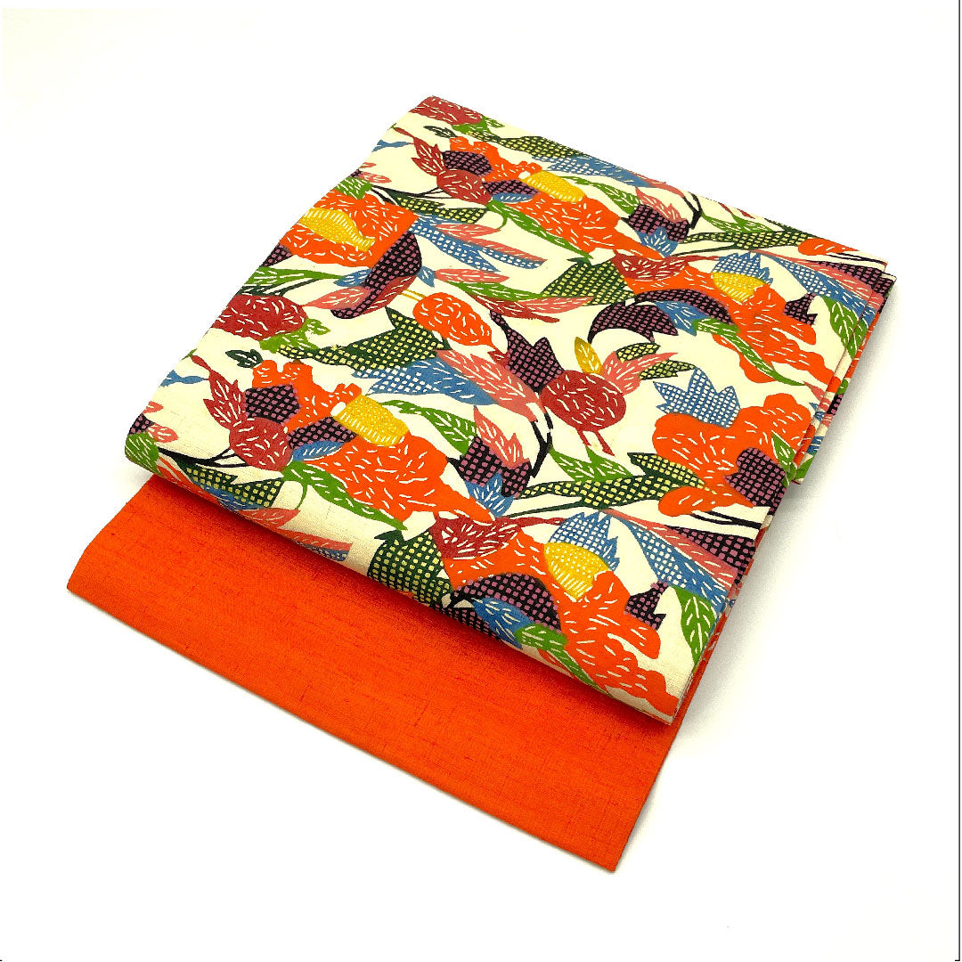 名古屋帯 型染 染め帯 抽象模様 帯丈353cm 正絹 Aランク 全通 カジュアル クリーム系 1124002043315