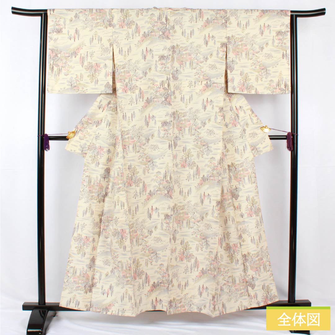 小紋 正絹 身丈157.5cm 裄丈64cm 単衣 生成り色(きなりいろ) 茶屋辻 Sランク 白系 1115005292311