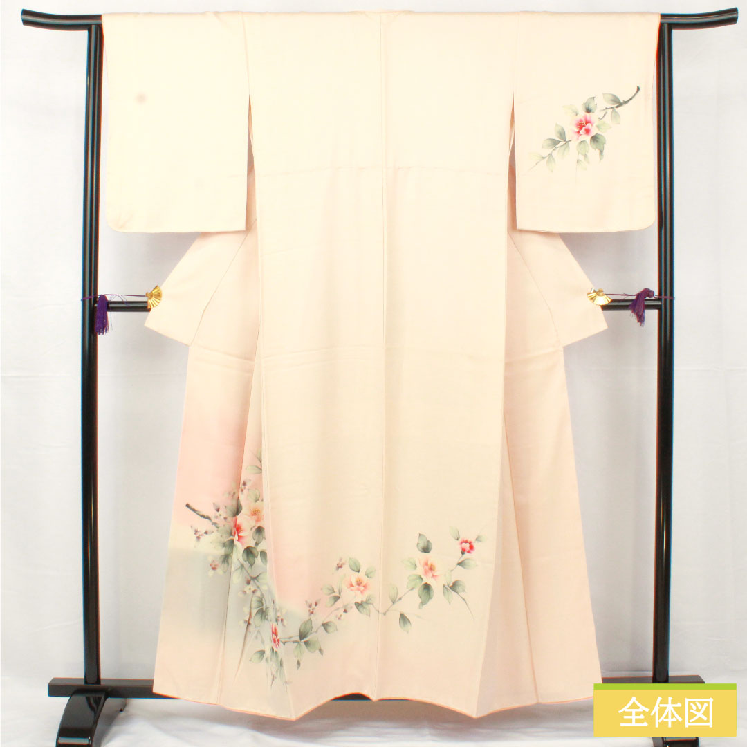 Homongi, pure silk, lined, length 157cm, sleeve length 64cm, Kyoto Yuzen, floral pattern, basting thread included, unused, S rank, pink, 1112005182313