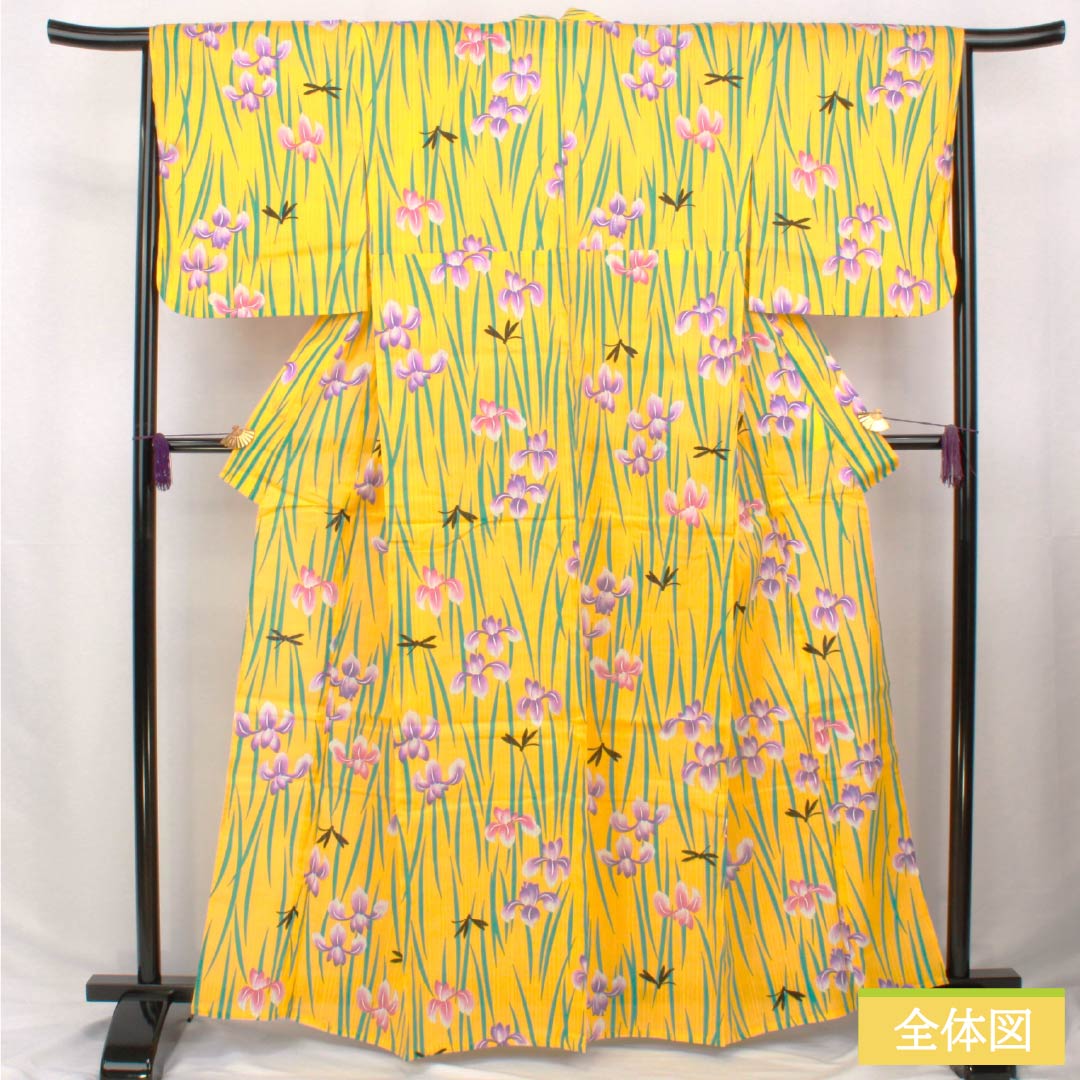 浴衣 木綿 身丈163.5cm 裄丈66cm Sランク 単衣 黄系 黄支子色(きくちなしいろ) 菖蒲 トンボ 1118006392423
