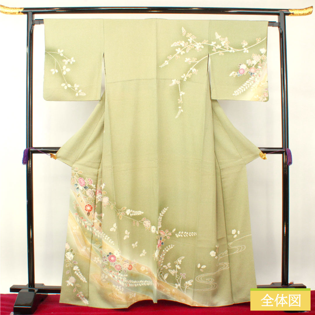 Homongi, pure silk, lined, length 163cm, sleeve length 65cm, willow-colored lining, Kyo-Yuzen, Tsujigahana, S rank, green, 1112003992419