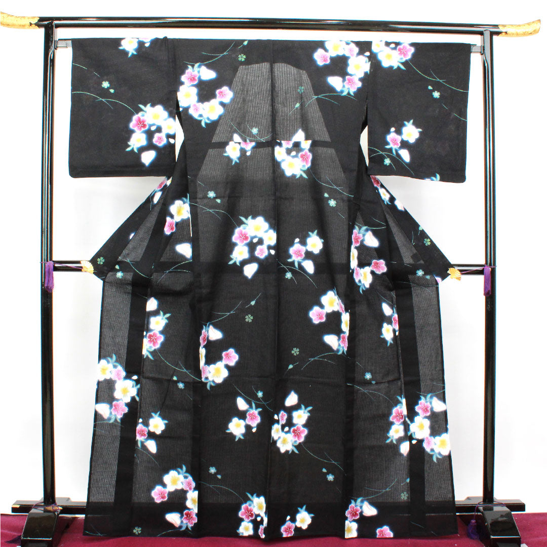 浴衣 桜 木綿 Sランク 単衣 身丈168cm 裄丈67.5cm 黒系 1118002092510