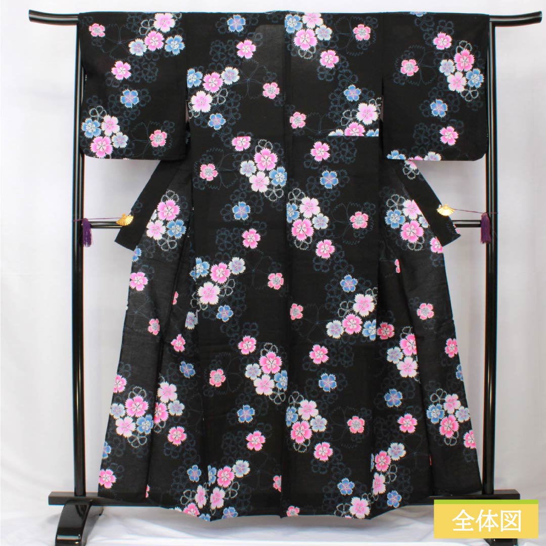 浴衣 木綿 身丈160cm 裄丈66cm Sランク 単衣 黒系 撫子 1118006142410