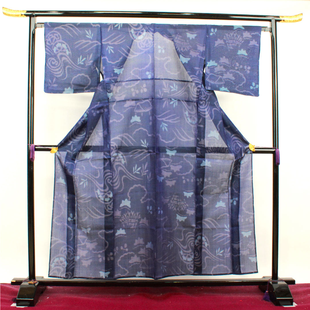 リサイクル着物】夏物 緋紺色 抽象模様 しつけ糸付き 正絹 紬 紗 身丈 