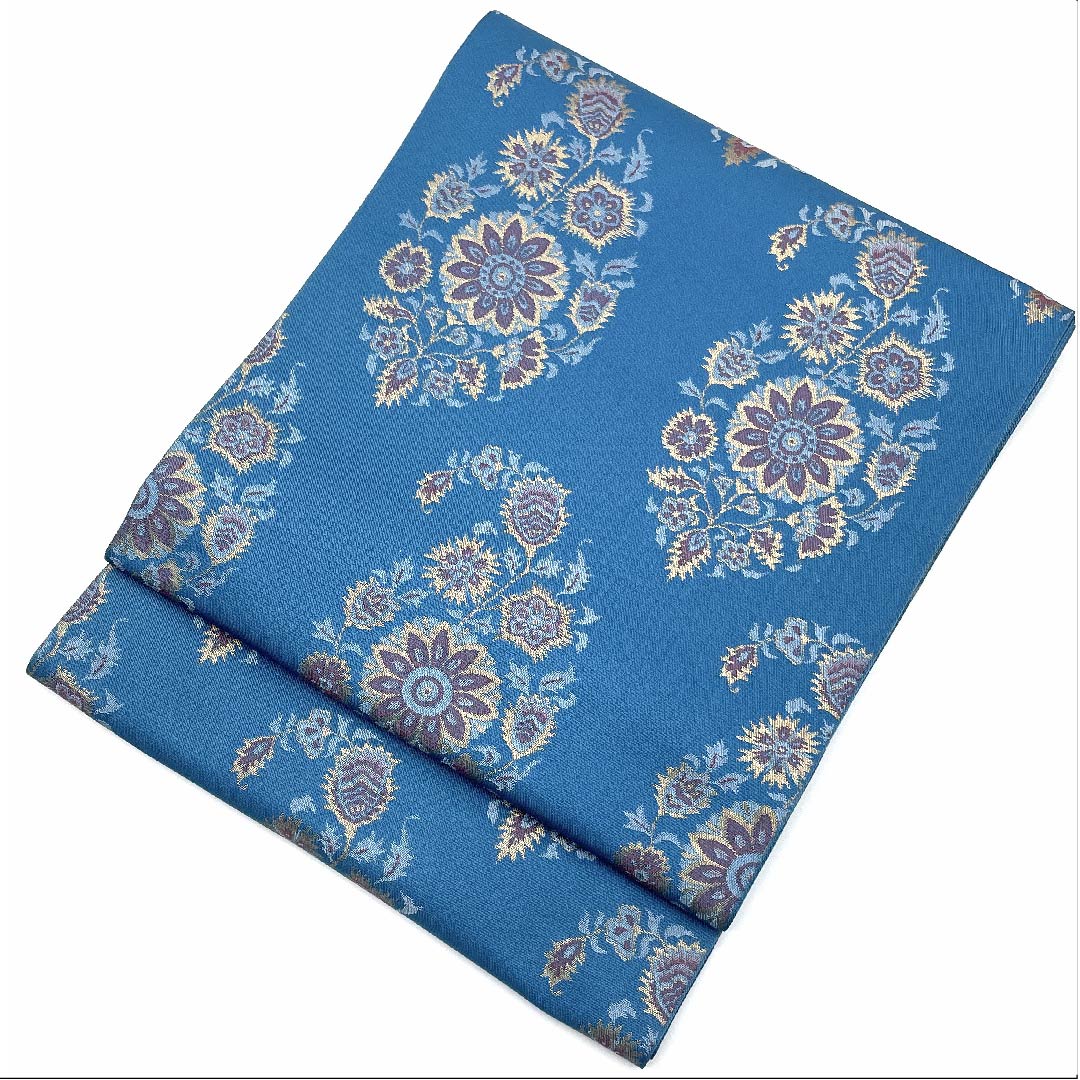 (未仕立)袋帯 次縹色(つぎのはなだいろ) 織悦 印度更紗 竜頭花文 帯丈416cm 正絹 NEWランク 六通 セミフォーマル 青系 1123006931317