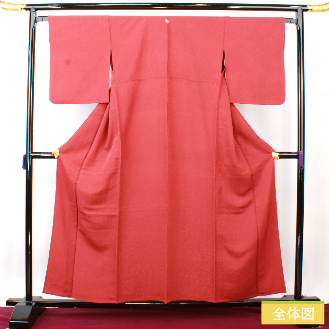 色無地 正絹 身丈158cm 裄丈65.5cm 真紅色(しんくいろ) 葉っぱ模様 蔦 単衣 Aランク 赤系 1114001503312