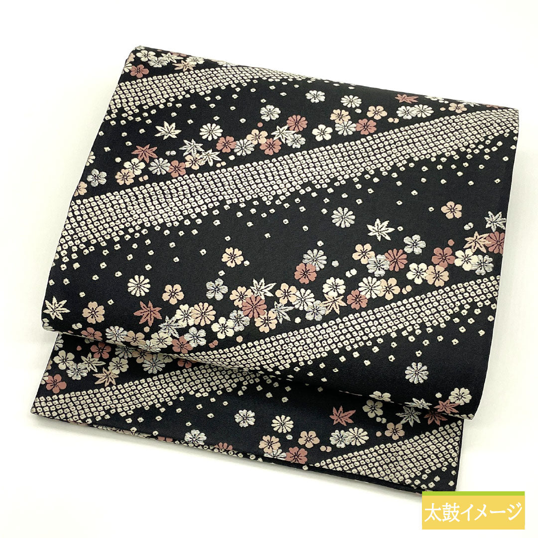 袋帯 正絹 Sランク 西陣織 疋田 小花 帯丈446cm 六通 セミフォーマル 黒系 1123017122310