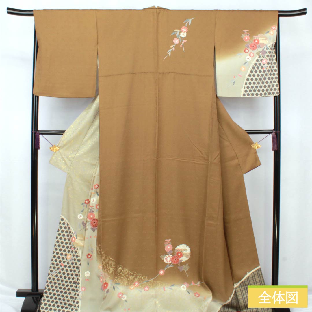 リサイクル着物】訪問着 正絹 Sランク 袷 身丈169cm 裄丈68cm 糞色