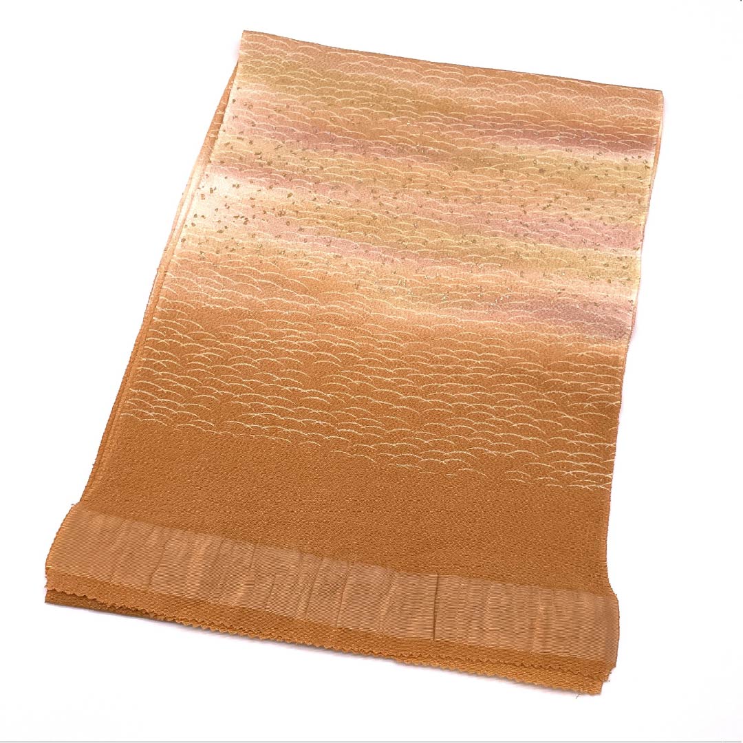 Obiage, pure silk, S rank, semi-formal, akakuchinashi-iro (red gardenia color), chirimen fabric, shaded, wave pattern, length approx. 177cm, width approx. 29.5cm, orange family, 1136002862926