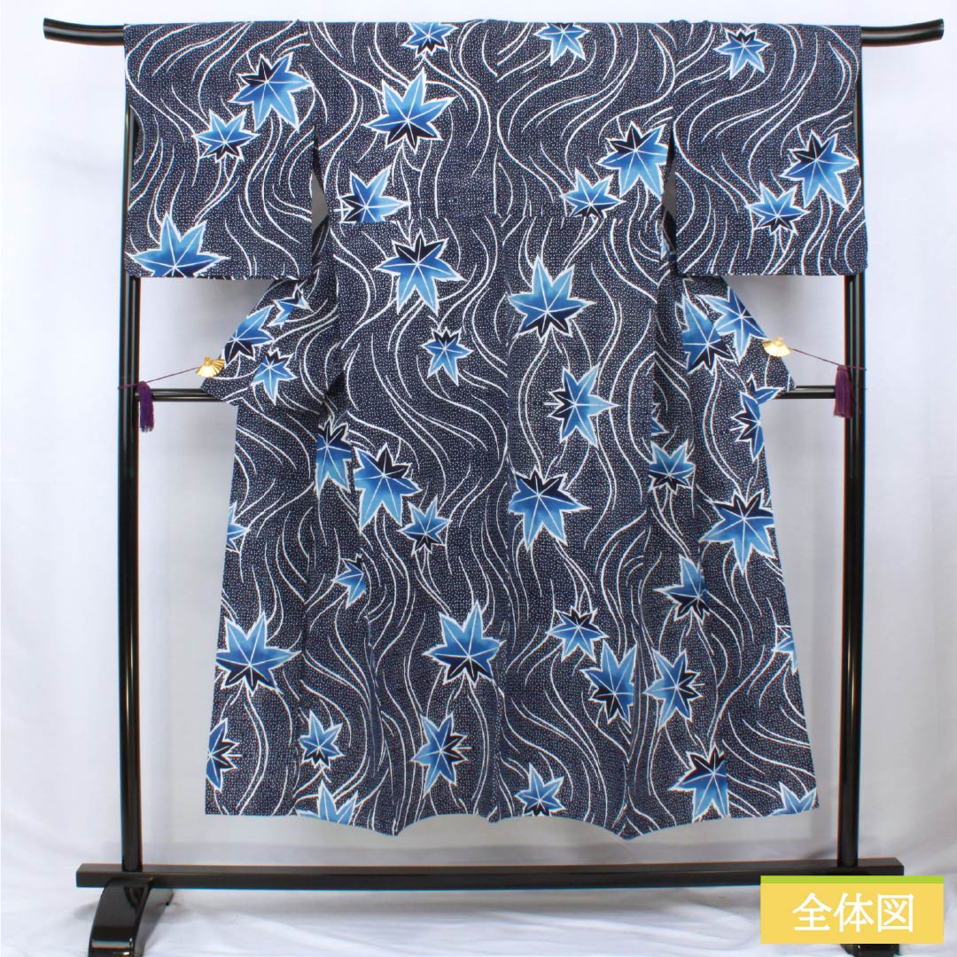 Cotton Yukata, Length 144.5cm, Sleeve Length 68.5cm, S Rank, Single Layer, Navy Blue, Flowing Water and Autumn Leaves Design, Item Number: 1118006312118