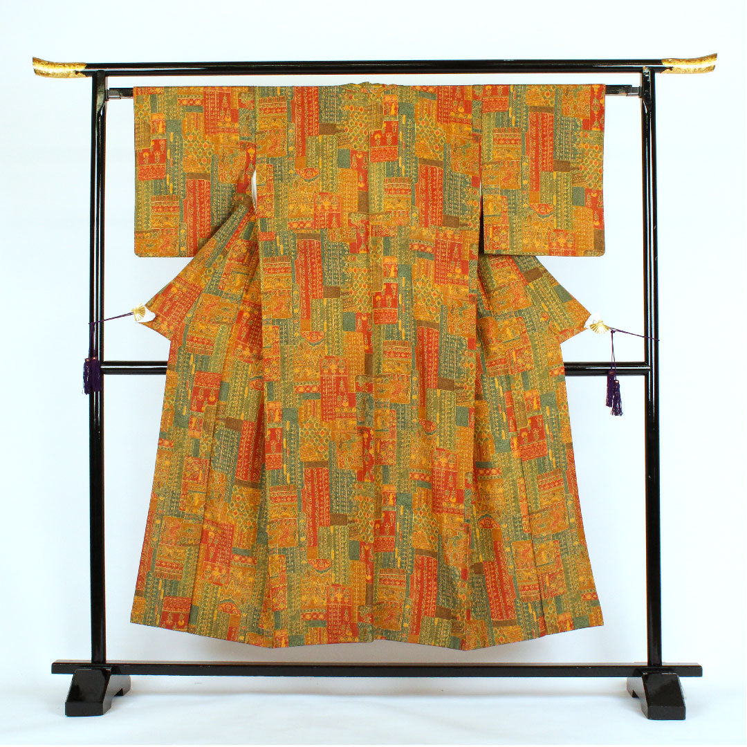 小紋 身丈152cm 裄丈64cm 袷 更紗柄 正絹 Aランク 茶系 1115000083214