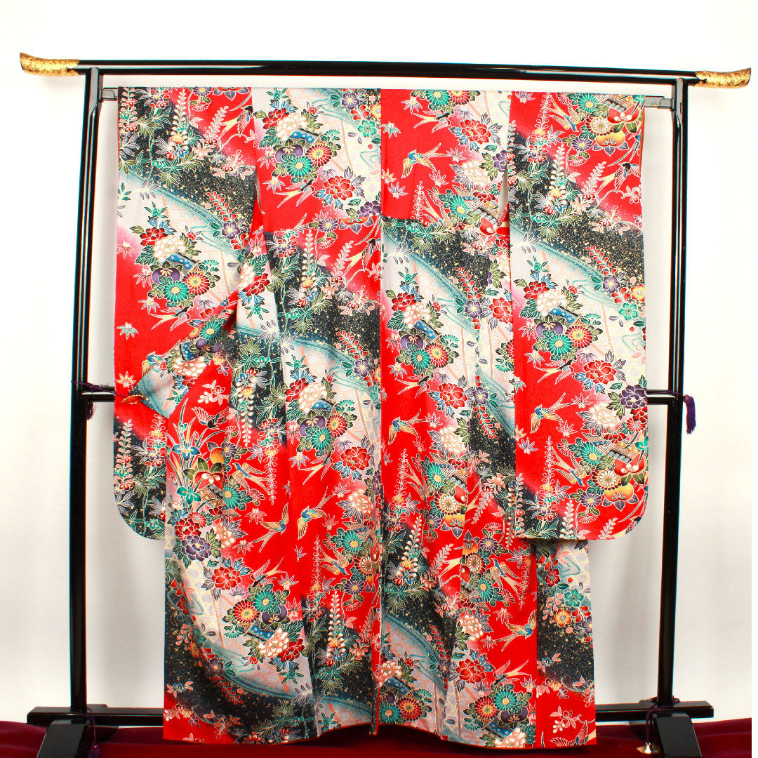 振袖 身丈163cm 裄丈64cm 袷 茜色 型染 吉祥文様 正絹 Sランク 赤系 1113000862412