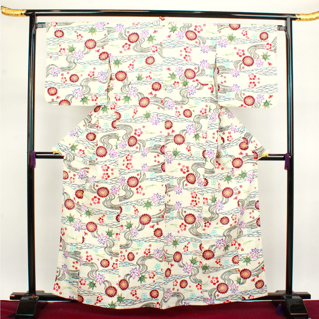 浴衣 しつけ糸付き 未使用品 乳白色 型染 綿麻 Sランク 単衣 身丈162cm 裄丈67cm クリーム系 1118002012415