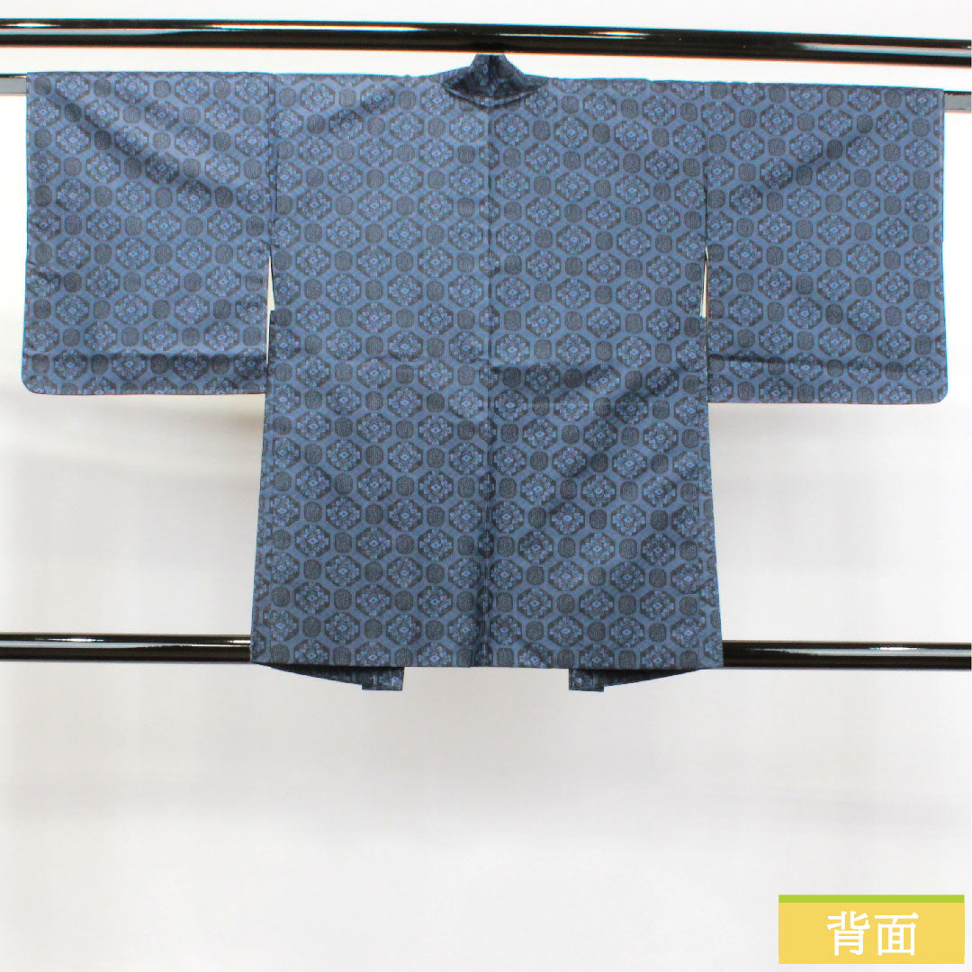 羽織 正絹 身丈78.5cm 裄丈63cm 村山大島 幾何学模様 しつけ糸付き 未使用品 Sランク 袷 紺系 1117000932918