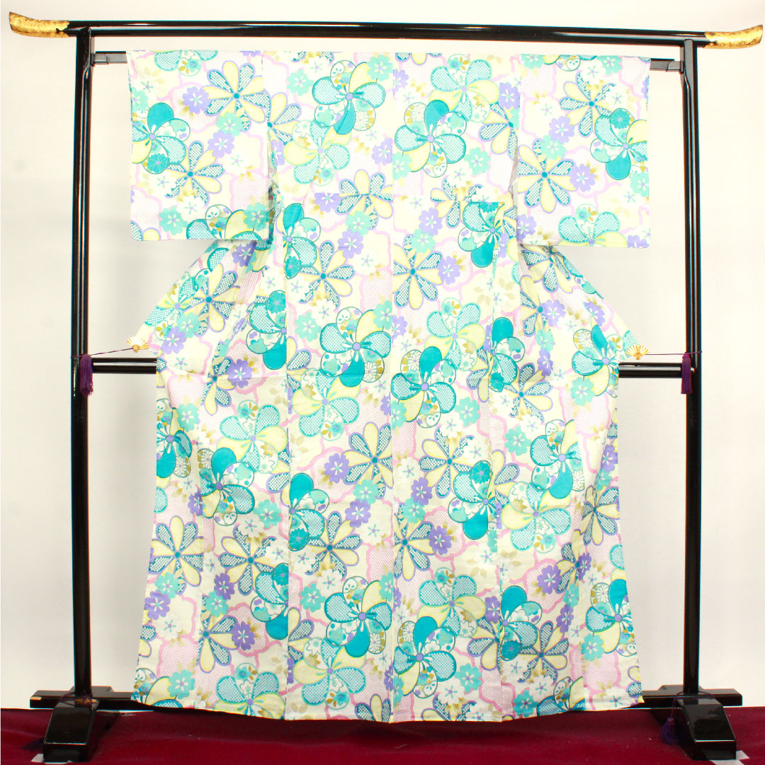 浴衣 ねじり梅 菊 橘 木綿 Sランク 単衣 身丈162.5cm 裄丈62.5cm グラデーション系 1118002662499