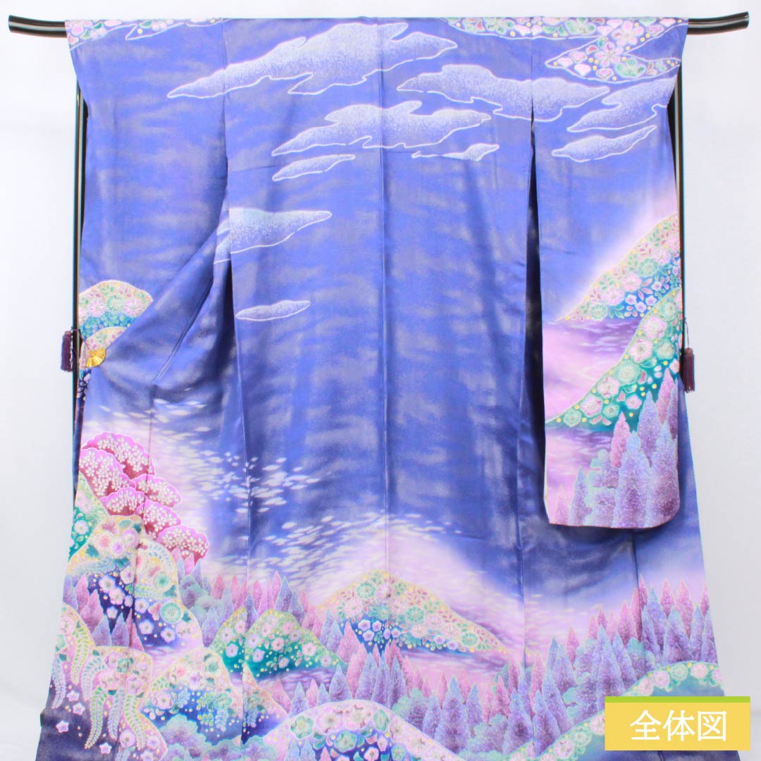 振袖 正絹 Sランク 身丈172.5cm 裄丈68cm 袷 青紫色(あおむらさきいろ) 銀通し 辻が花 遠山 ソフトガード加工 紫系 1113002552620