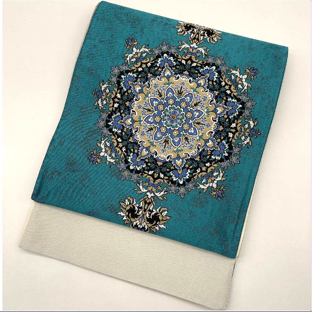 (Unmade) Fukuro Obi (Hekishoku-iro) Persian pattern, Length 466cm, Pure silk, New rank, Six-pass, Semi-formal, Green, 1123009041419