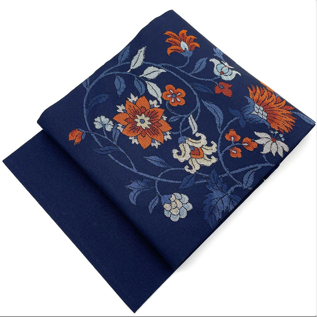 名古屋帯 紺色 唐花模様 帯丈356cm 正絹 Aランク ポイント柄 カジュアル 紺系 1124003033318 名古屋仕立て