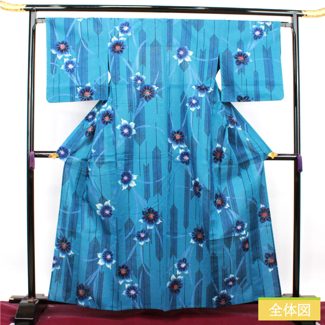 浴衣 木綿 身丈162.5cm 裄丈65.5cm Sランク 単衣 青系 舛花色(ますはないろ) 矢羽根 抽象花 1118004822417