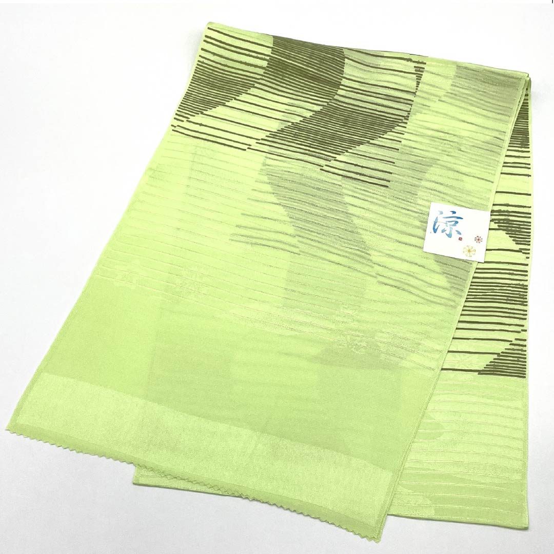 (新品)帯揚げ 正絹 セミフォーマル 若菜色(わかないろ) 夏物 曲線 幾何学模様 長さ約168cm 幅約28.5cm NEWランク 緑系 1136000841919