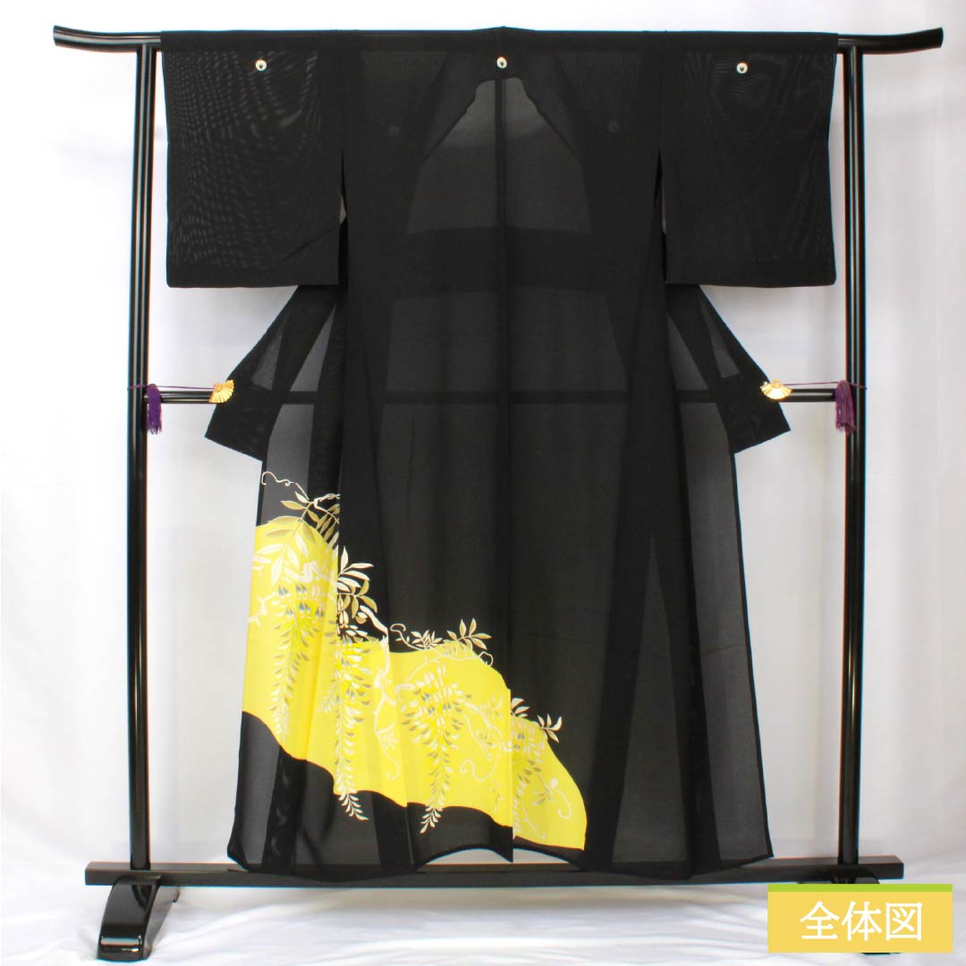 夏物 正絹 黒留袖 身丈153cm 裄丈62cm 京友禅 五つ紋 下り藤 藤 絽 Aランク 黒系 1132002103210