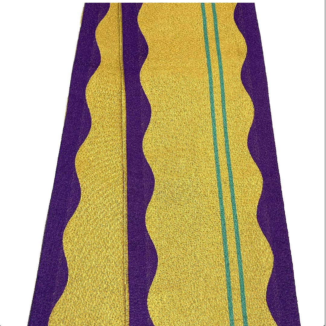 (未仕立)半幅帯 ポリエステル 黄櫨色(はじいろ) 幾何学模様 波 帯丈340cm 黄系 Aランク 1125000883323