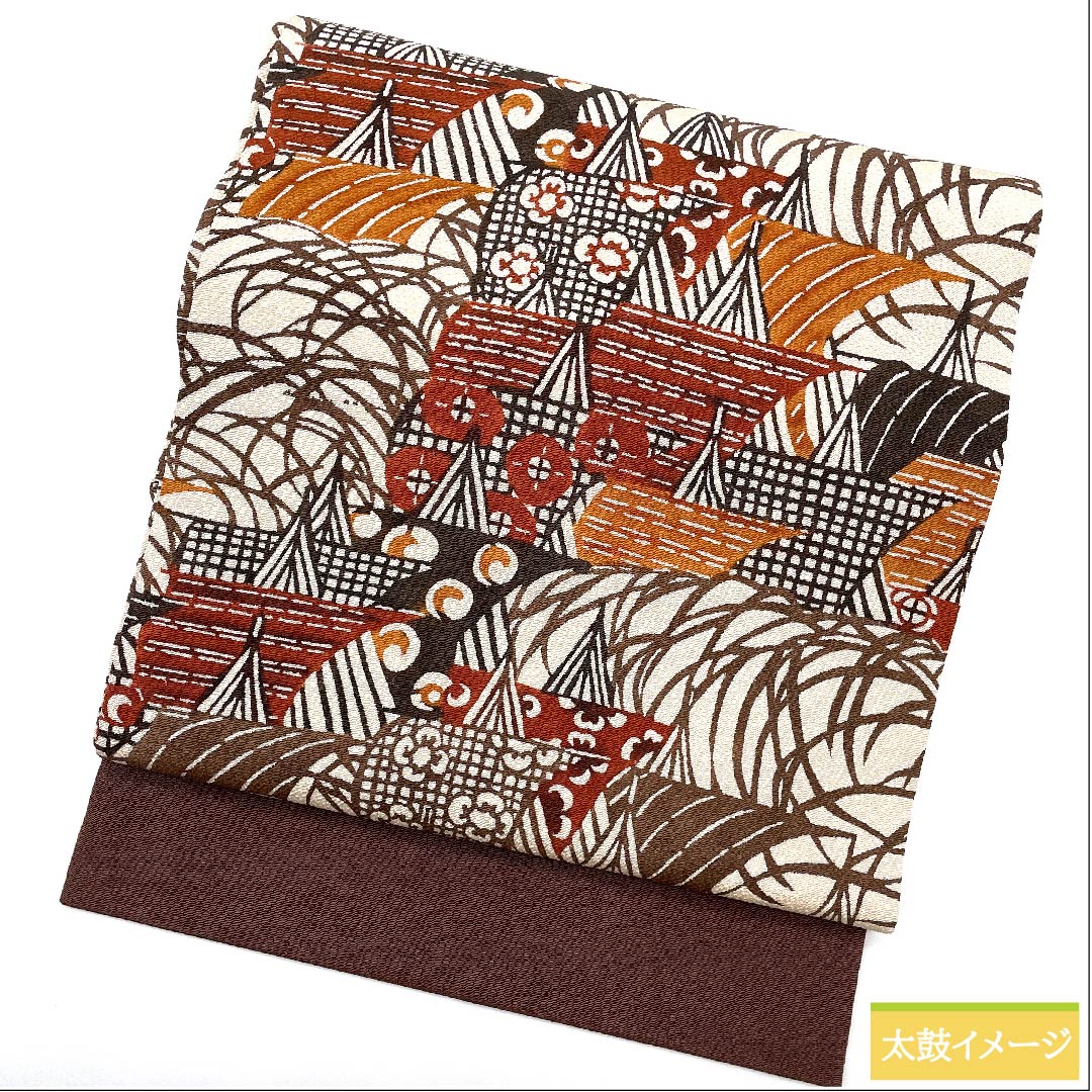 名古屋帯 砥粉色 京紅型 抽象模様 帯丈393cm 正絹 Sランク ポイント柄 カジュアル 茶系 1124005352314 名古屋仕立て