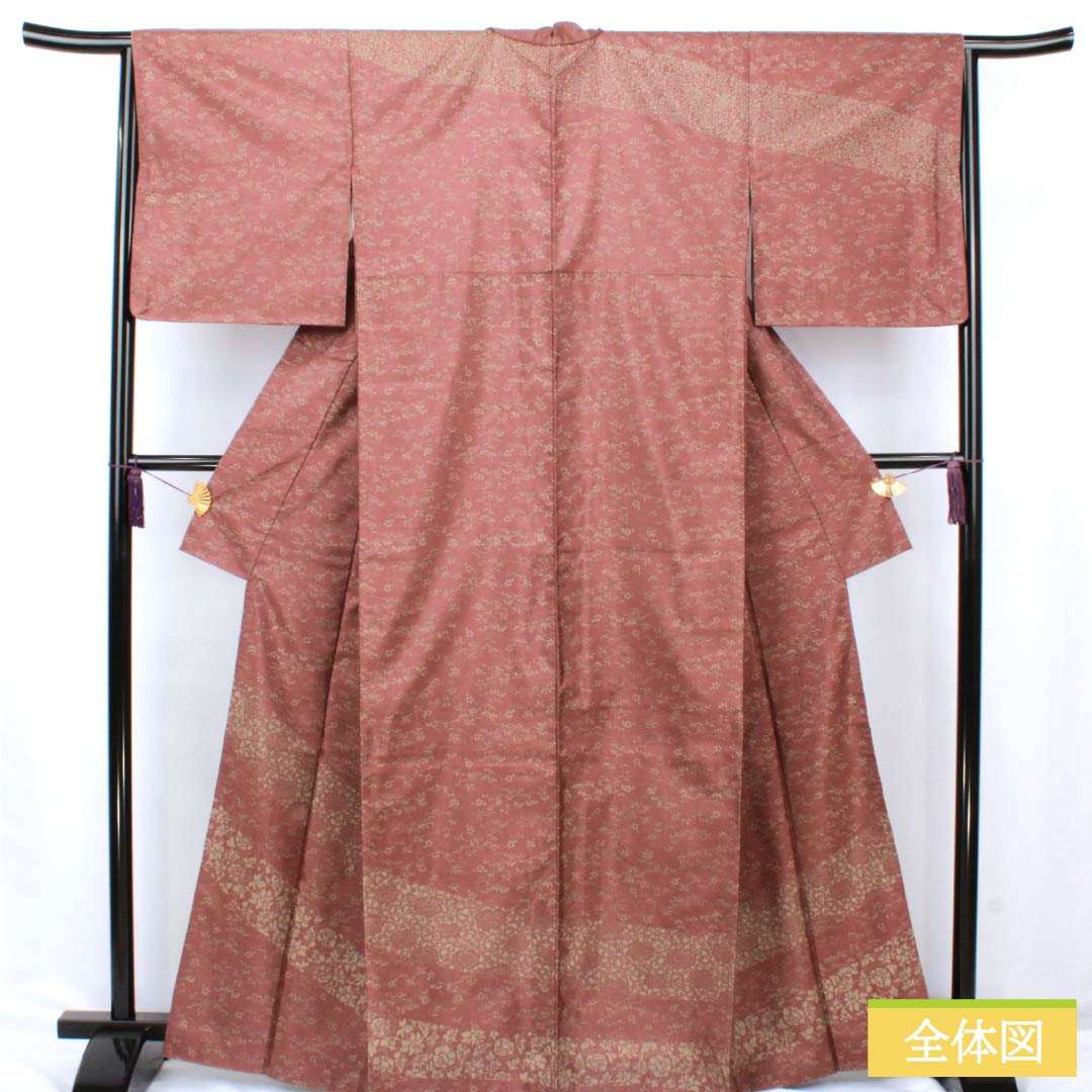 訪問着 正絹 Aランク 袷 身丈164.5cm 裄丈65cm 小豆色(あずきいろ) 紬地 草花 茶系 1112006343414