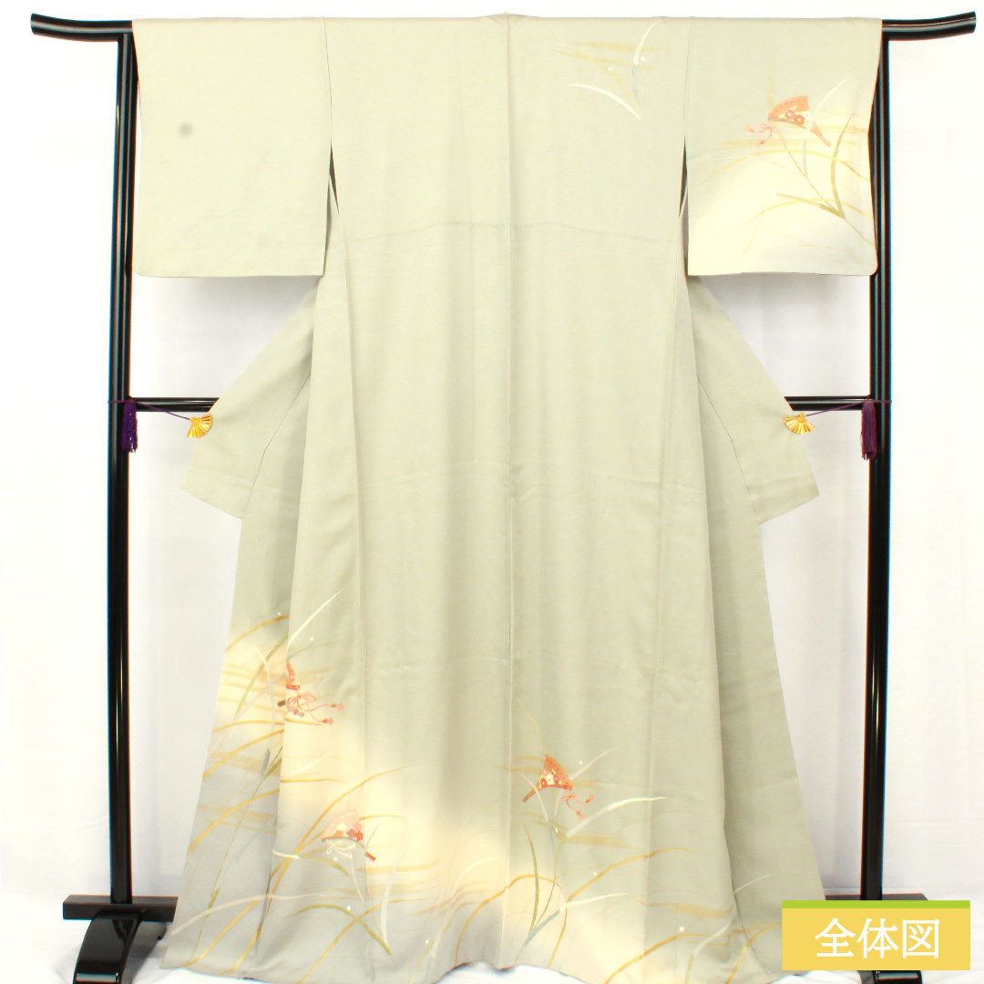 訪問着 正絹 袷 身丈167cm 裄丈62.5cm 白緑色(びゃくろくいろ) 京友禅 扇 露芝 Bランク 緑系 1112004934519
