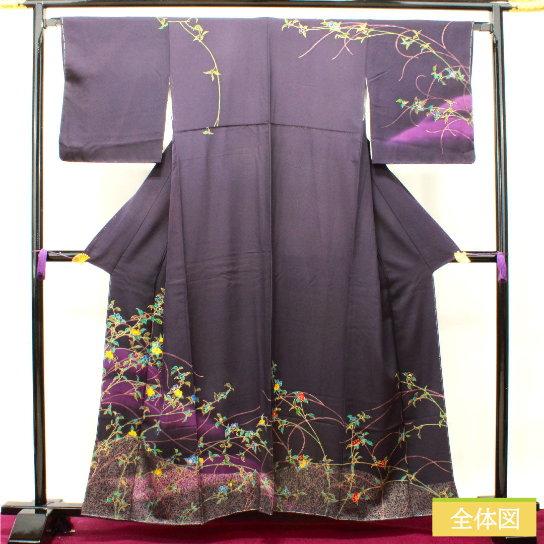 Homongi, pure silk, lined, length 158.5cm, sleeve length 65.5cm, brown, floral pattern, basting thread included, unused, S rank, purple, 1112003552320