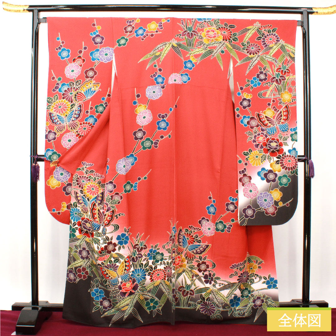 振袖 正絹 身丈165.5cm 裄丈67cm 袷 猩々緋色 京紅型 吉祥文様 Sランク 赤系 1113001962512