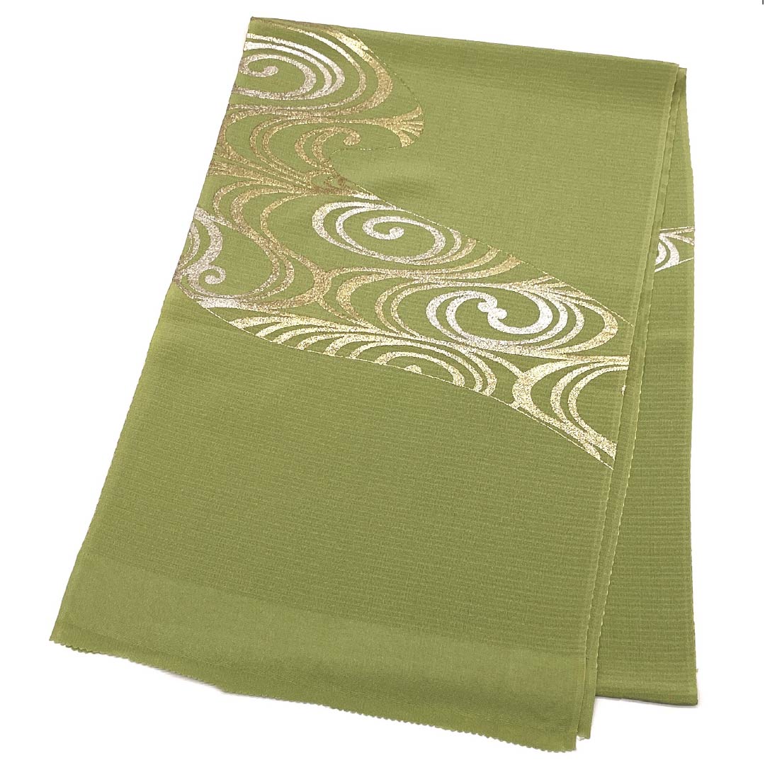 (New old stock) Formal obiage, pure silk, Wakanairo (young green) gold and silver leaf, running water, whirlpool, length 168cm, width 28.5cm, S rank, green, 1136000262919