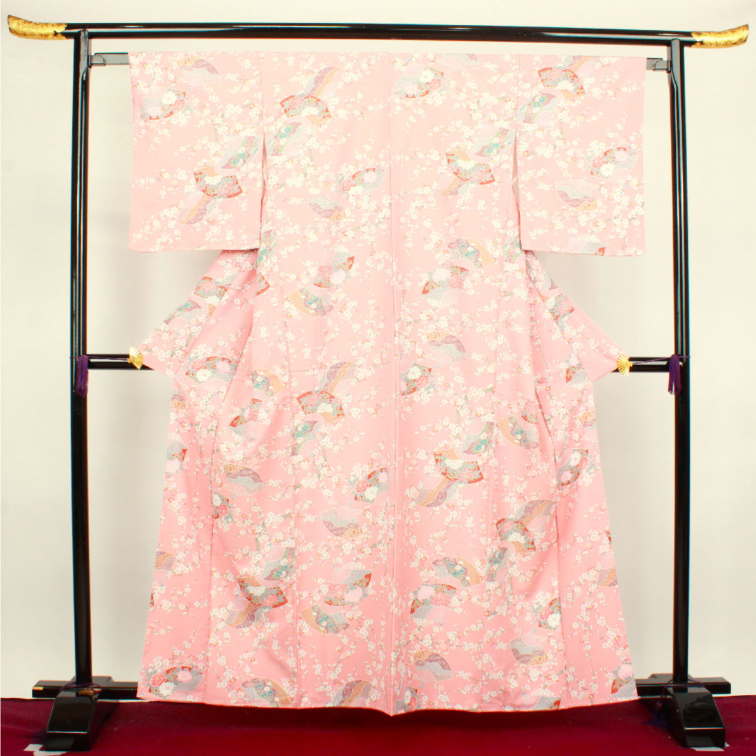 Small pattern, Length 161cm, Sleeve length 64.5cm, Awase, Single layer plum color, Washable kimono, Thread attached, Unused, Fan, Plum, Polyester, S rank, Pink, 1115003312413