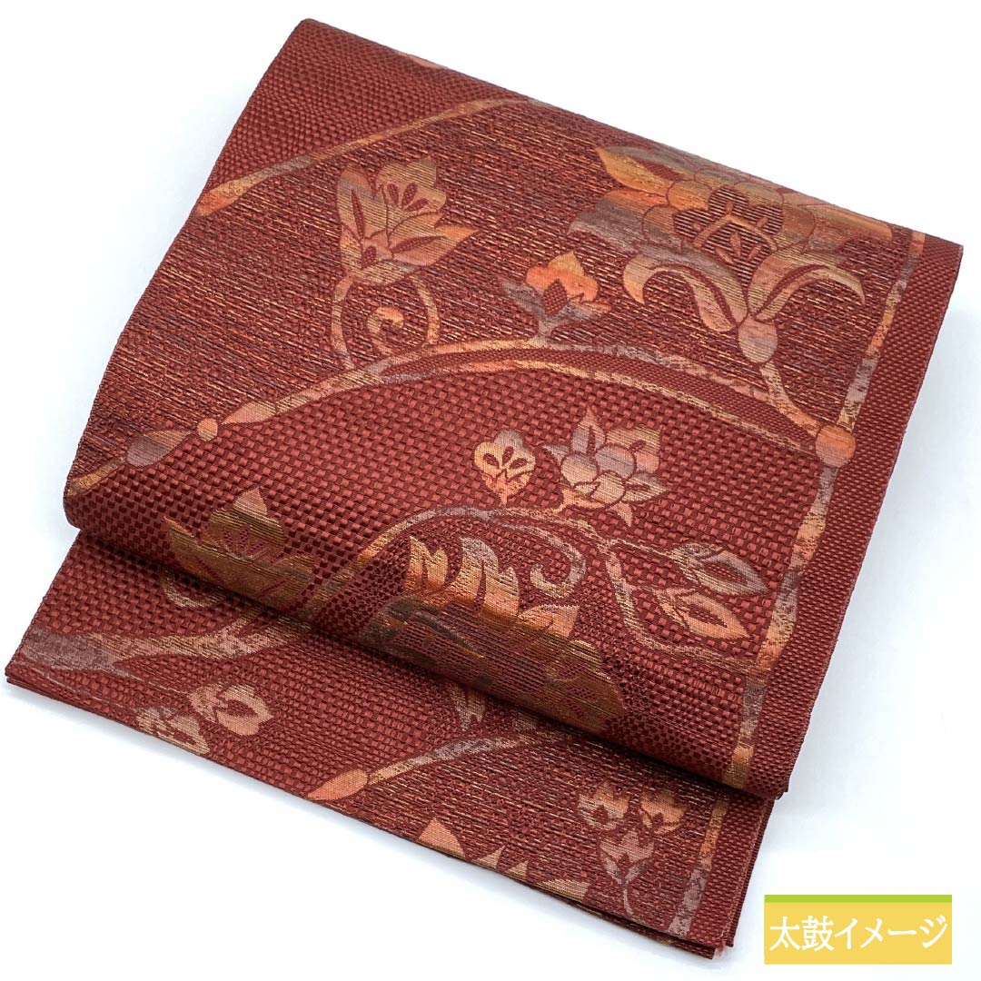Nagoya obi, oxblood red, abstract floral pattern, obi length 358cm, pure silk, S rank, six-pass, casual, vermilion, 1124008072316, pine-needle style
