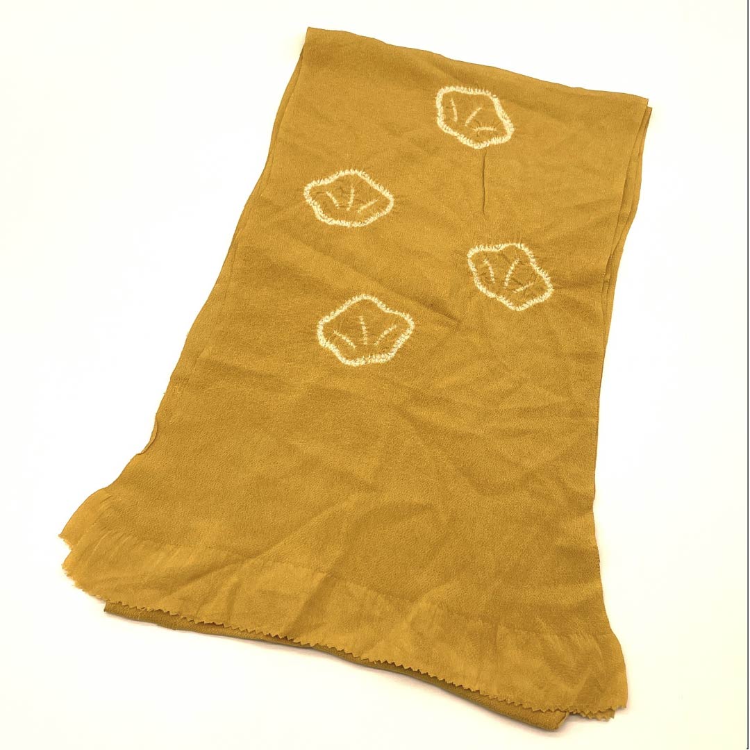 帯揚げ 正絹 セミフォーマル 黄土色(おうどいろ) 絞り 梅 花柄 長さ約172cm 幅約24.5cm Sランク 黄系 1136000612923