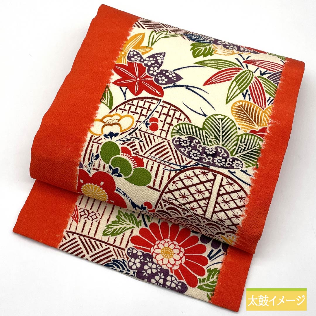 名古屋帯 京緋色(きょうひいろ) 京紅型 ちりめん地 菊 帯丈353cm 正絹 Sランク 全通 カジュアル 橙系 1124007632326 名古屋仕立て