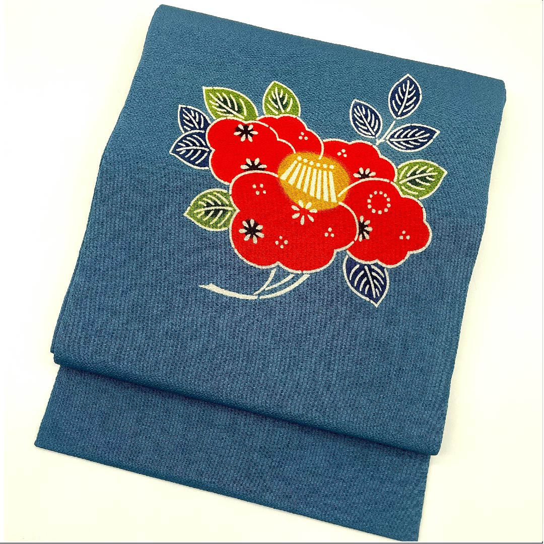 名古屋帯 納戸色 京紅型 栗山工房 椿 帯丈362cm 正絹 Sランク ポイント柄 カジュアル 青系 1124005272317 名古屋仕立て