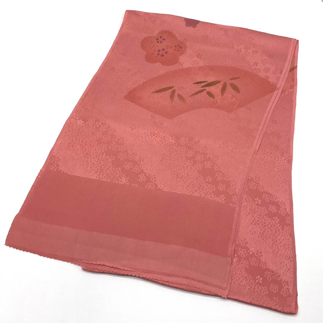 (New old stock) Formal obiage, pure silk, pinkish red, plum, bamboo, fan-shaped, length 179cm, width 30cm, S rank, pink, 1136000222913