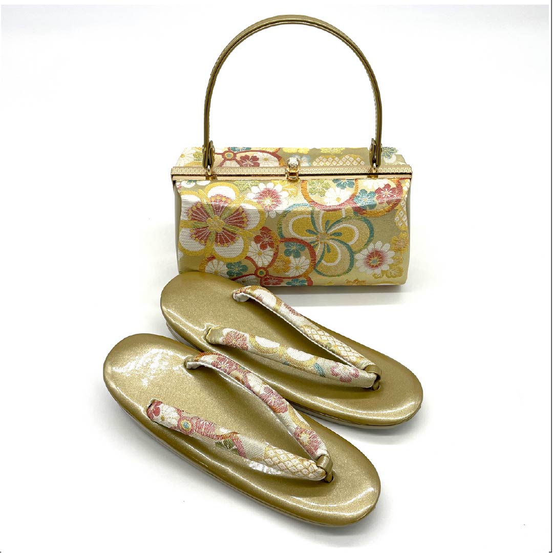 (新古品)草履バックセット フォーマル 金色(きんいろ) 未使用品 花柄 梅 Lサイズ 金系 Sランク 1133000142421