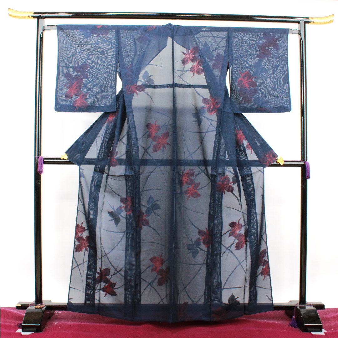 Summer pure silk komon length 164.5cm sleeve length 65cm dark navy abstract flower gauze rank S navy 1132001112418